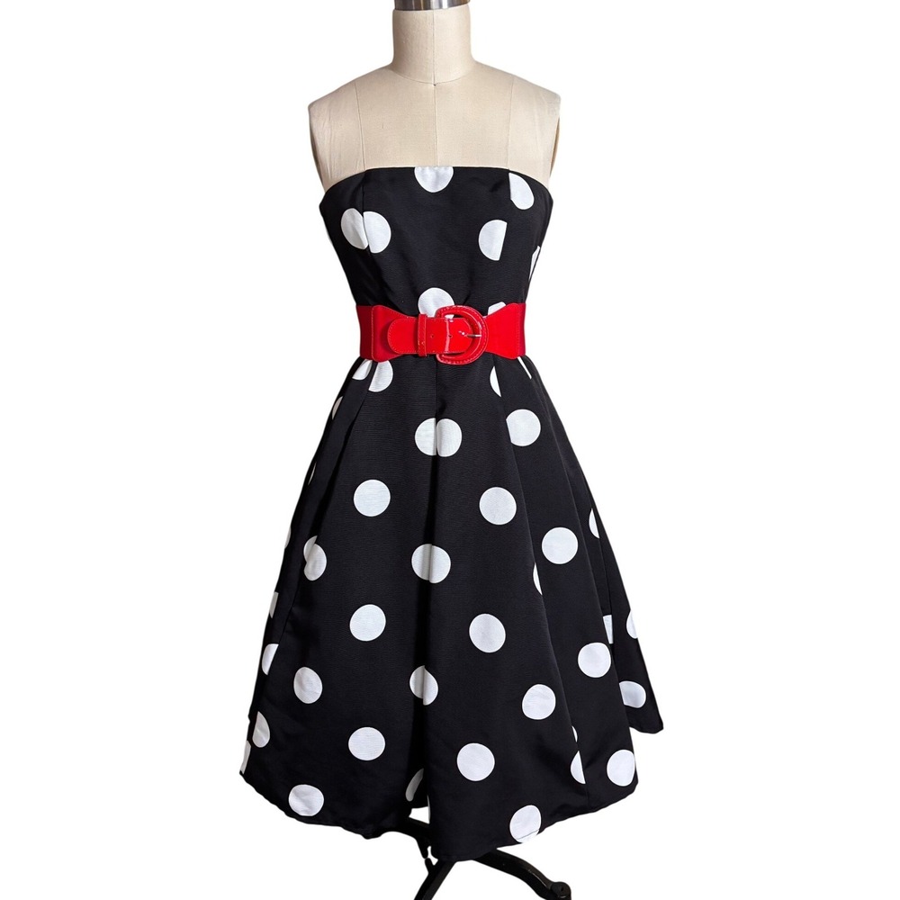 Pinup Polka Dot Dress Womens XS Black White Strapless Belted Eva Mendes